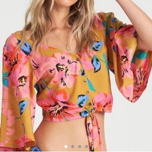 Billabong Floral Tie-Front Blouse - Pink, Blue, Yellow